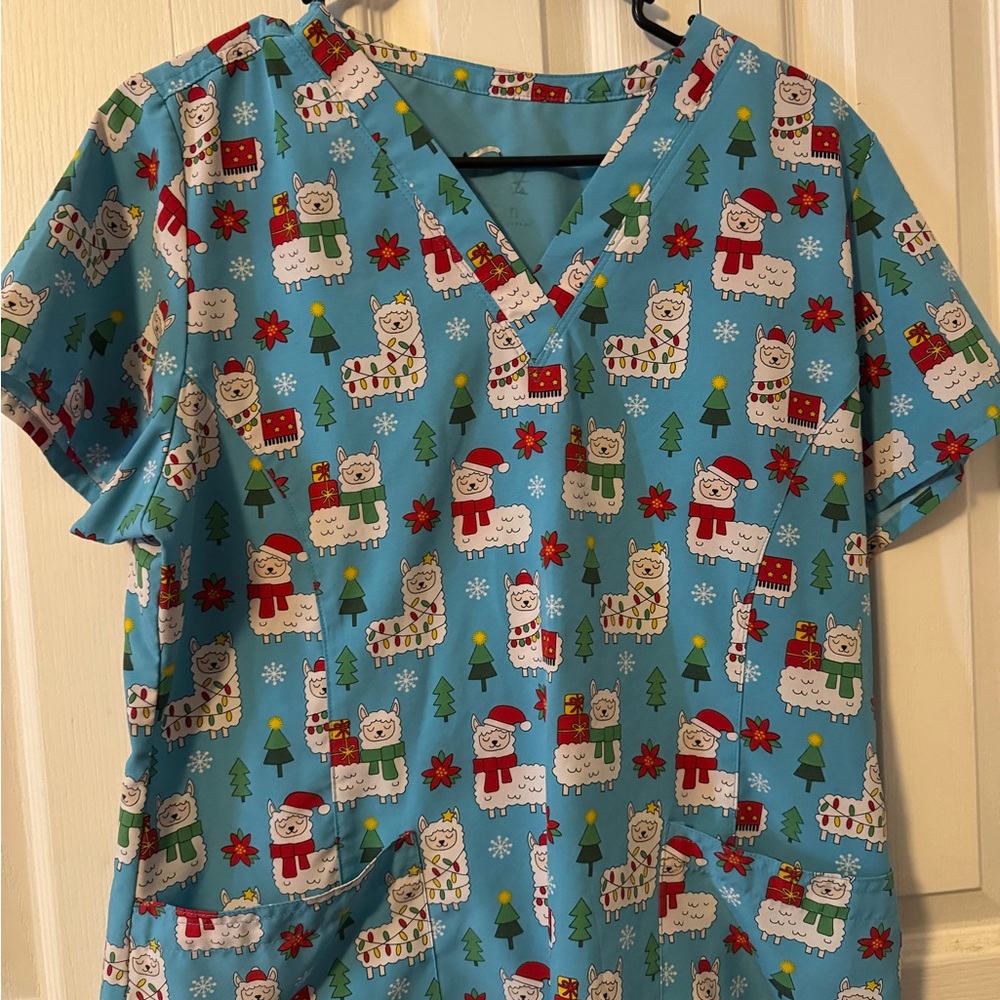 Festive Blue Llama Print Women's Scrub Top